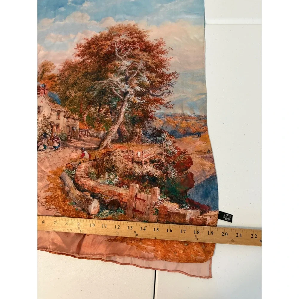 Vintage 100% Silk Scarf Italy Cottage Landscape Oil Painting Print Blue Brown yy